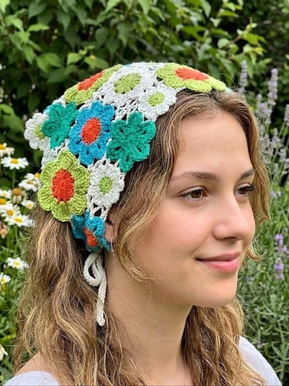Handmade Crochet Floral Granny Square Kerchief Bandana Triangle Head Scarf